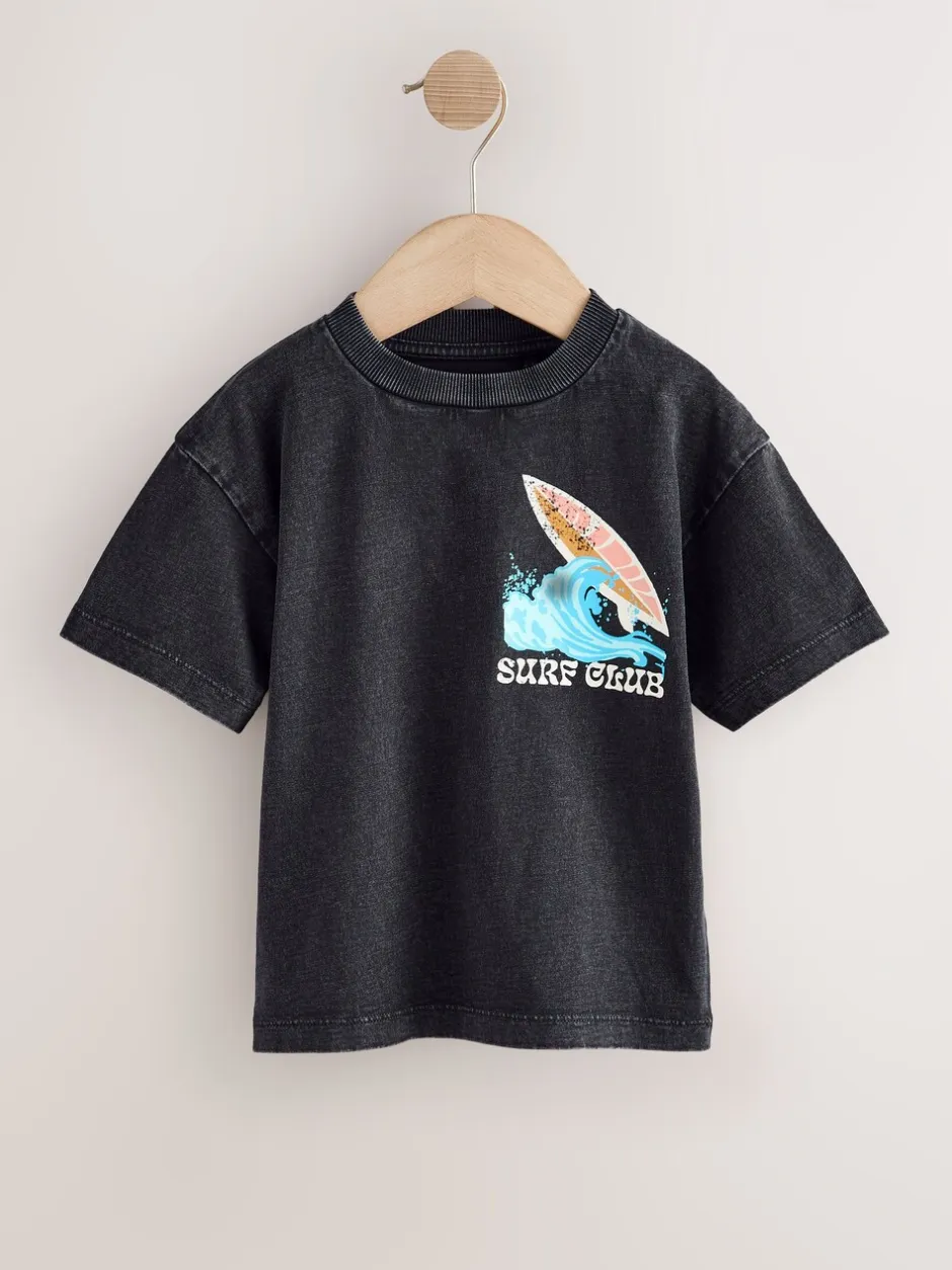 Tops|T-Shirts|Next Black Acid Wash Surf Club Oversized - T-shirt met korte mouwen en print op de rug (3mnd -7jr)