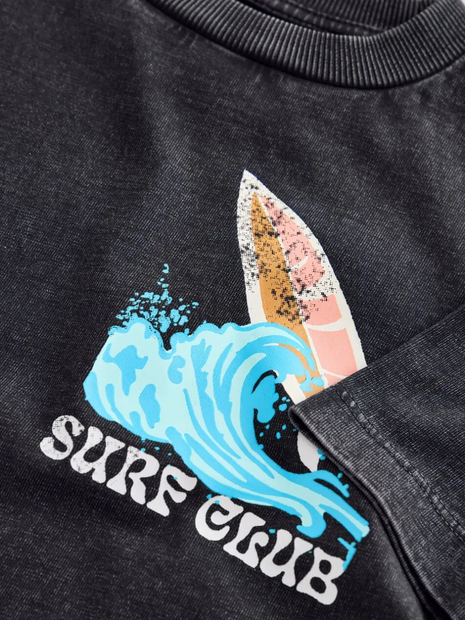 Tops|T-Shirts|Next Black Acid Wash Surf Club Oversized - T-shirt met korte mouwen en print op de rug (3mnd -7jr)