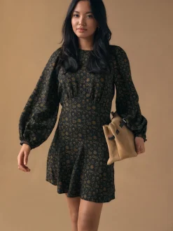 Gelegenheidskleding|Next Black Croissant Print - Mini Long Sleeve A-Line Seam Detail Dress