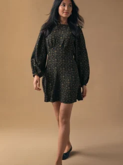 Gelegenheidskleding|Next Black Croissant Print - Mini Long Sleeve A-Line Seam Detail Dress