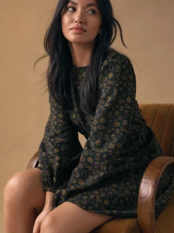 Gelegenheidskleding|Next Black Croissant Print - Mini Long Sleeve A-Line Seam Detail Dress