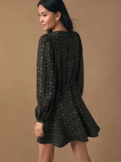 Gelegenheidskleding|Next Black Croissant Print - Mini Long Sleeve A-Line Seam Detail Dress