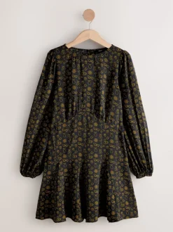 Gelegenheidskleding|Next Black Croissant Print - Mini Long Sleeve A-Line Seam Detail Dress