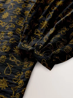 Gelegenheidskleding|Next Black Croissant Print - Mini Long Sleeve A-Line Seam Detail Dress