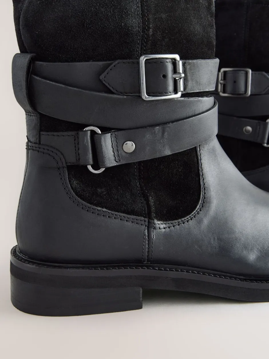 Ruimvallend En Extraruimvallend|Boots|Next - Forever Comfort® Borg Lined Buckle Trim Ankle Boots Black Oiled Leather