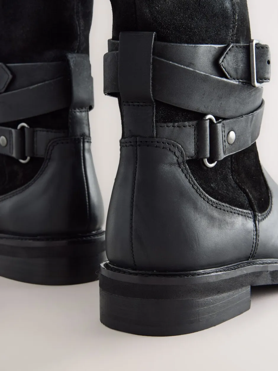 Ruimvallend En Extraruimvallend|Boots|Next - Forever Comfort® Borg Lined Buckle Trim Ankle Boots Black Oiled Leather