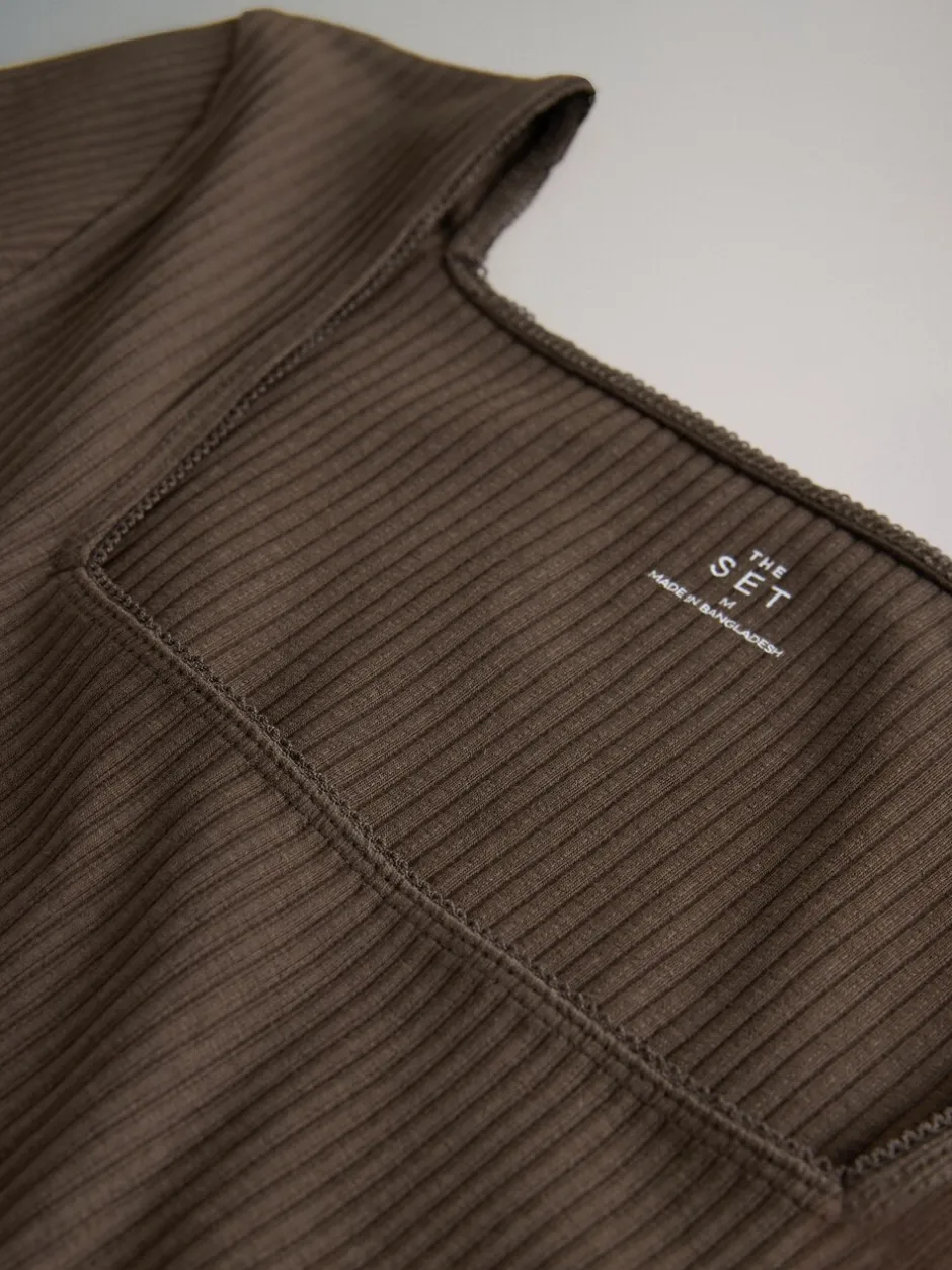 Tops En T-Shirts|The Set - 4 Pack Trim Square Neck Ribbed Tops Black/Chocolate Brown/Cream/White