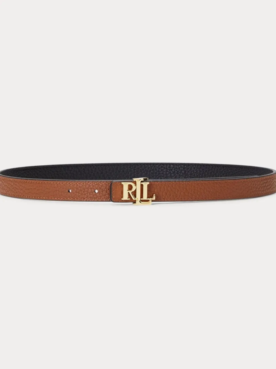 Ceintuurs*Lauren Ralph Lauren - 1.9cm Skinny Logo Reversible Pebbled Leather Belt Black/Lauren Tan