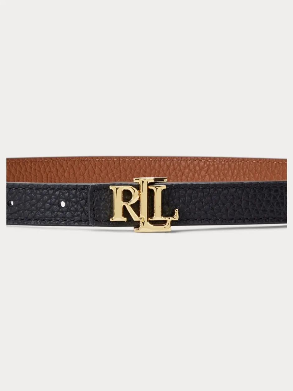 Ceintuurs*Lauren Ralph Lauren - 1.9cm Skinny Logo Reversible Pebbled Leather Belt Black/Lauren Tan