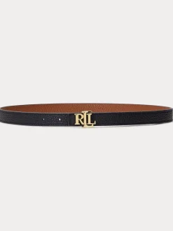 Ceintuurs*Lauren Ralph Lauren - 1.9cm Skinny Logo Reversible Pebbled Leather Belt Black/Lauren Tan