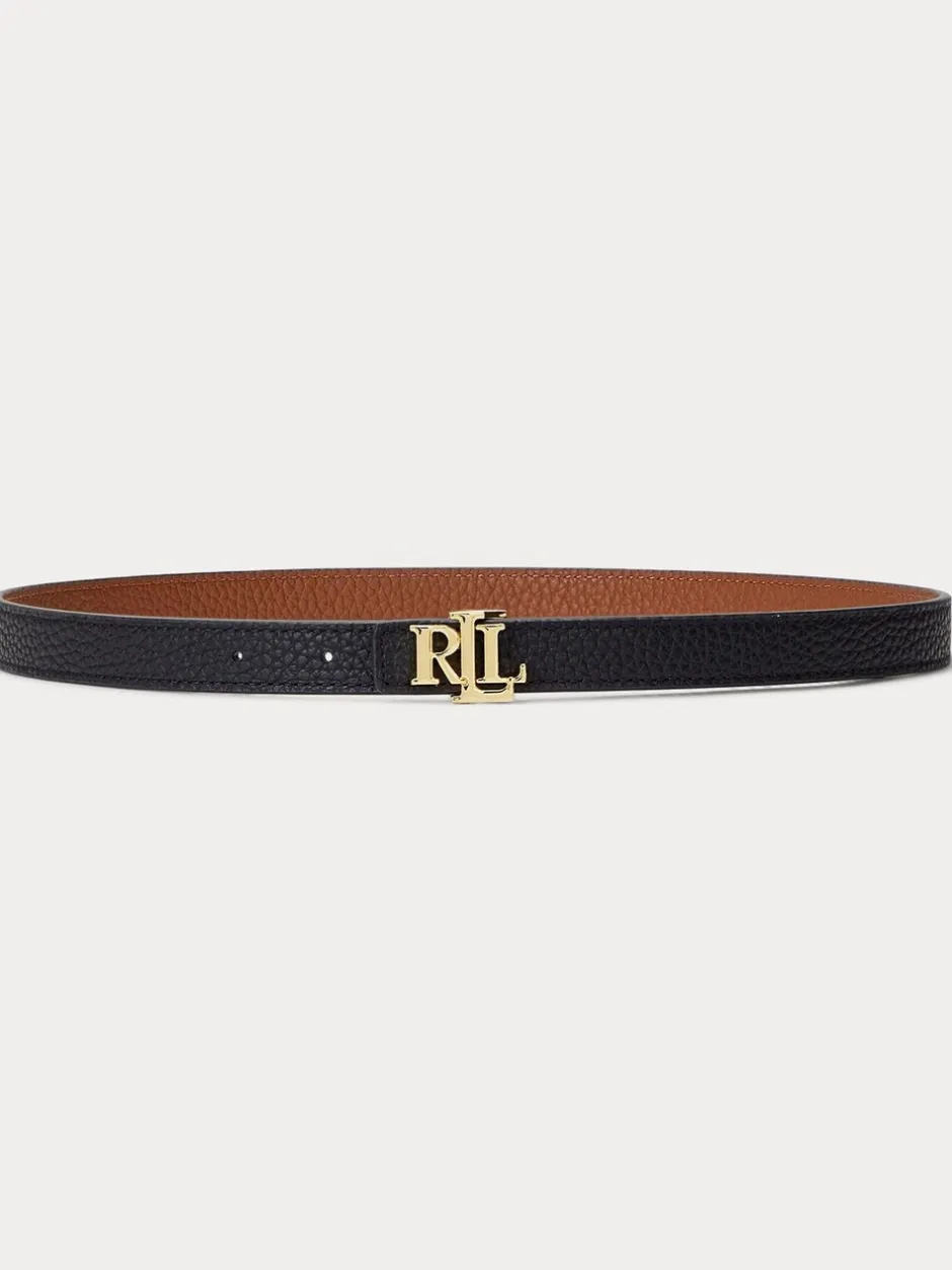 Ceintuurs*Lauren Ralph Lauren - 1.9cm Skinny Logo Reversible Pebbled Leather Belt Black/Lauren Tan