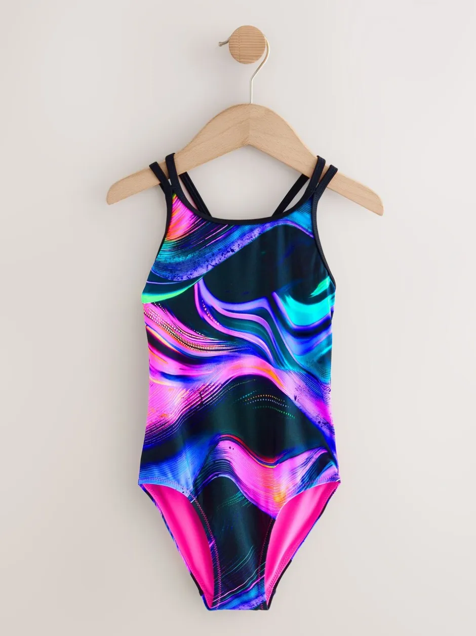 Badkleding|Badkleding|Next Black/Pink/Purple Swirl - Badpak met dubbele bandjes (3-16jr)