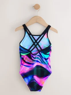 Badkleding|Badkleding|Next Black/Pink/Purple Swirl - Badpak met dubbele bandjes (3-16jr)