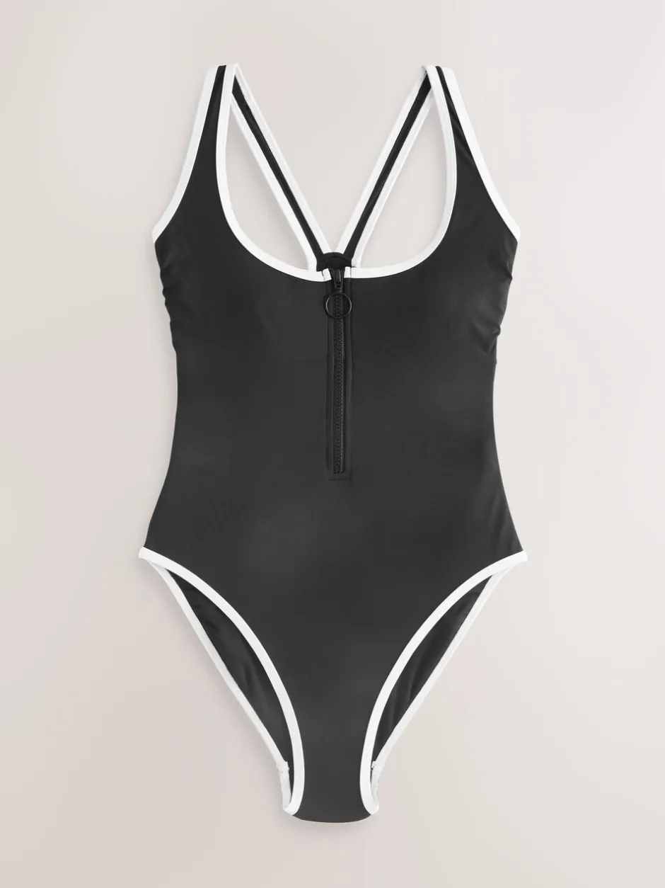 Badkleding|Next - Badpak met buikcorrectie en ritssluiting Black/White Contrast