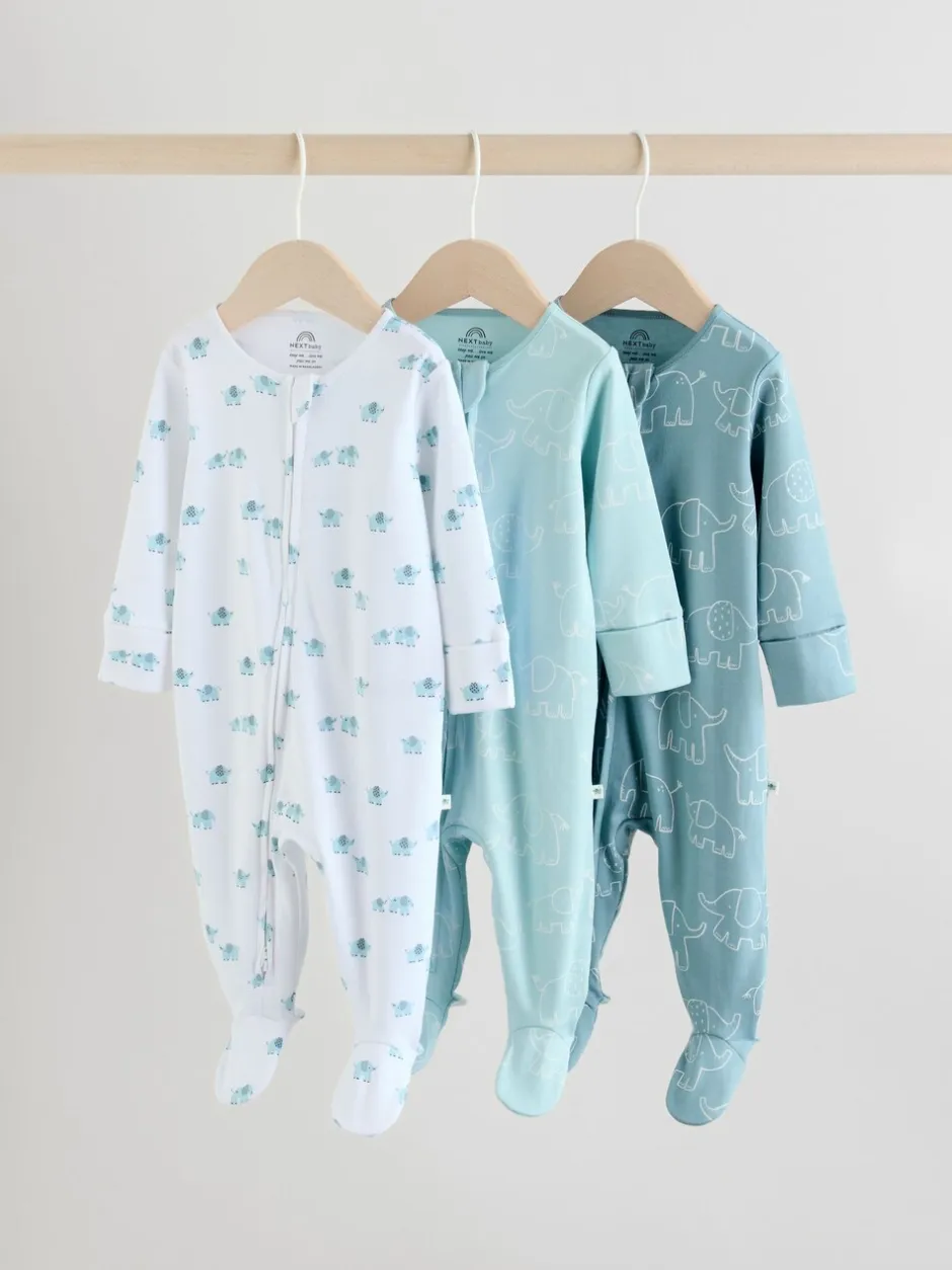 Multipacks|Babypakjes En Babypyjama's*Next Blauw - Baby Linear Elephant Sleepsuits 3 Pack (0-2yrs)