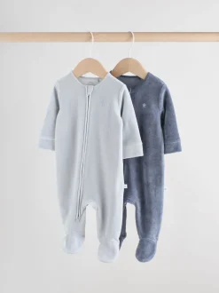Babypakjes En Babypyjama's|Next Blauw - Baby Velour Two Way Zip Sleepsuits 2 Pack (0mths-2yrs)
