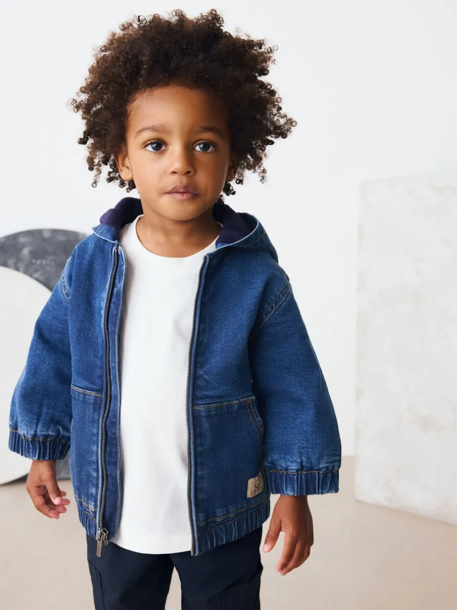 Shirts|Next Blauw - Borg gevoerd denim overshirt met capuchon en rits (3mnd-7jr)
