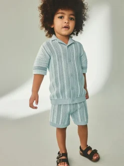 Shorts*Next Blauw - Gehaakte gebreide set van overhemd met korte mouwen en shorts (3mnd -10jr)