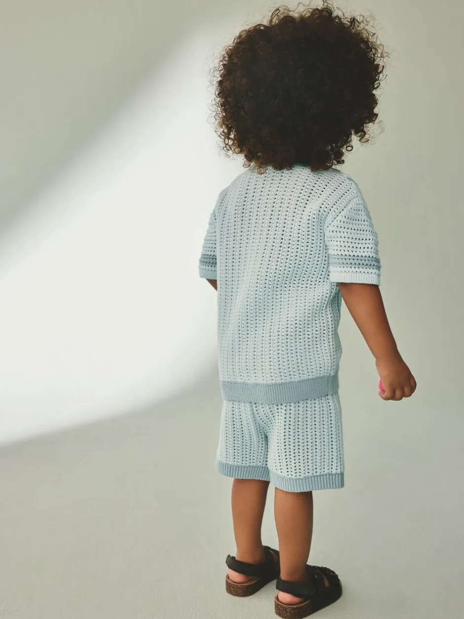 Shorts*Next Blauw - Gehaakte gebreide set van overhemd met korte mouwen en shorts (3mnd -10jr)