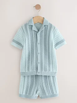 Shorts*Next Blauw - Gehaakte gebreide set van overhemd met korte mouwen en shorts (3mnd -10jr)