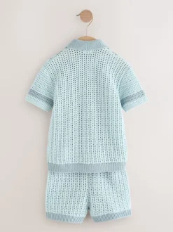 Shorts*Next Blauw - Gehaakte gebreide set van overhemd met korte mouwen en shorts (3mnd -10jr)