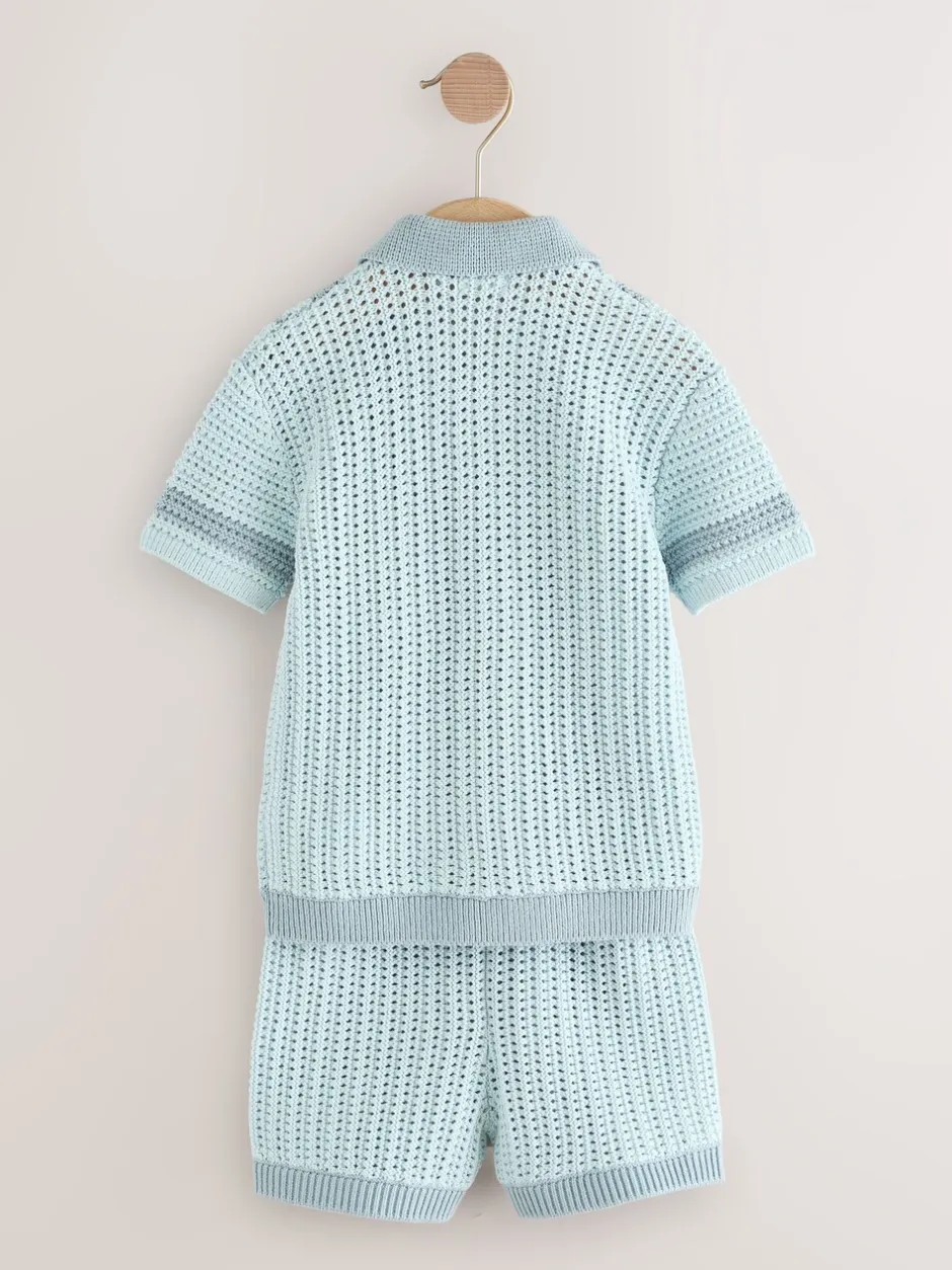 Shorts*Next Blauw - Gehaakte gebreide set van overhemd met korte mouwen en shorts (3mnd -10jr)