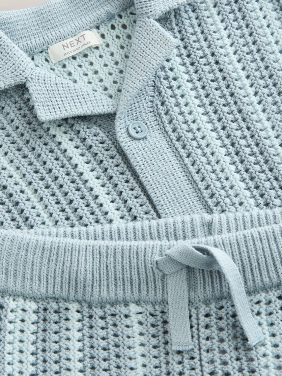 Shorts*Next Blauw - Gehaakte gebreide set van overhemd met korte mouwen en shorts (3mnd -10jr)