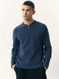 Gebreide Kleding|Poloshirts*Next Blauw - Half met rits - Regular Fit Premium Mid Weight Long Sleeve Knit Polo Shirt