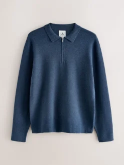 Gebreide Kleding|Poloshirts*Next Blauw - Half met rits - Regular Fit Premium Mid Weight Long Sleeve Knit Polo Shirt