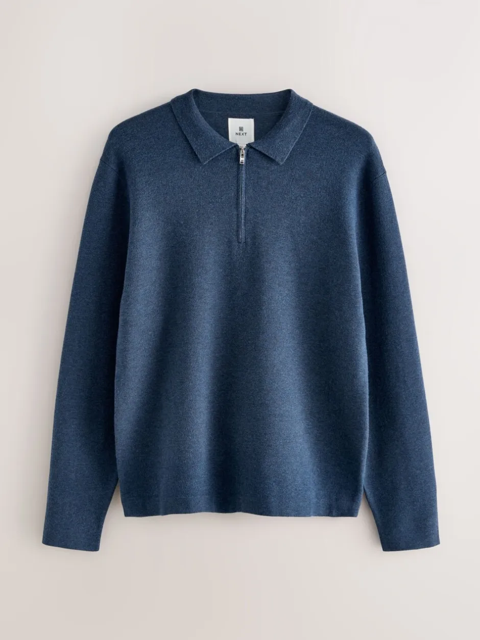 Gebreide Kleding|Poloshirts*Next Blauw - Half met rits - Regular Fit Premium Mid Weight Long Sleeve Knit Polo Shirt
