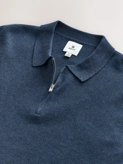Gebreide Kleding|Poloshirts*Next Blauw - Half met rits - Regular Fit Premium Mid Weight Long Sleeve Knit Polo Shirt