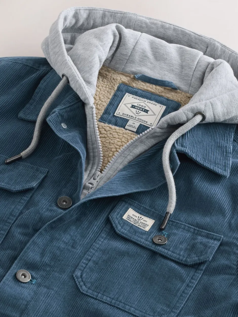 Jassen En Jacks|Next - Hooded Corduroy Borg Lined Shacket Blauw