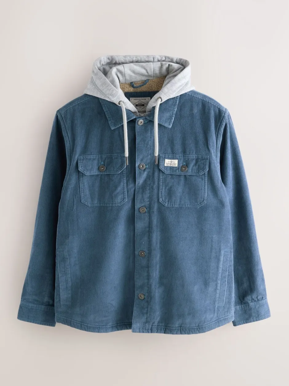 Jassen En Jacks|Next - Hooded Corduroy Borg Lined Shacket Blauw
