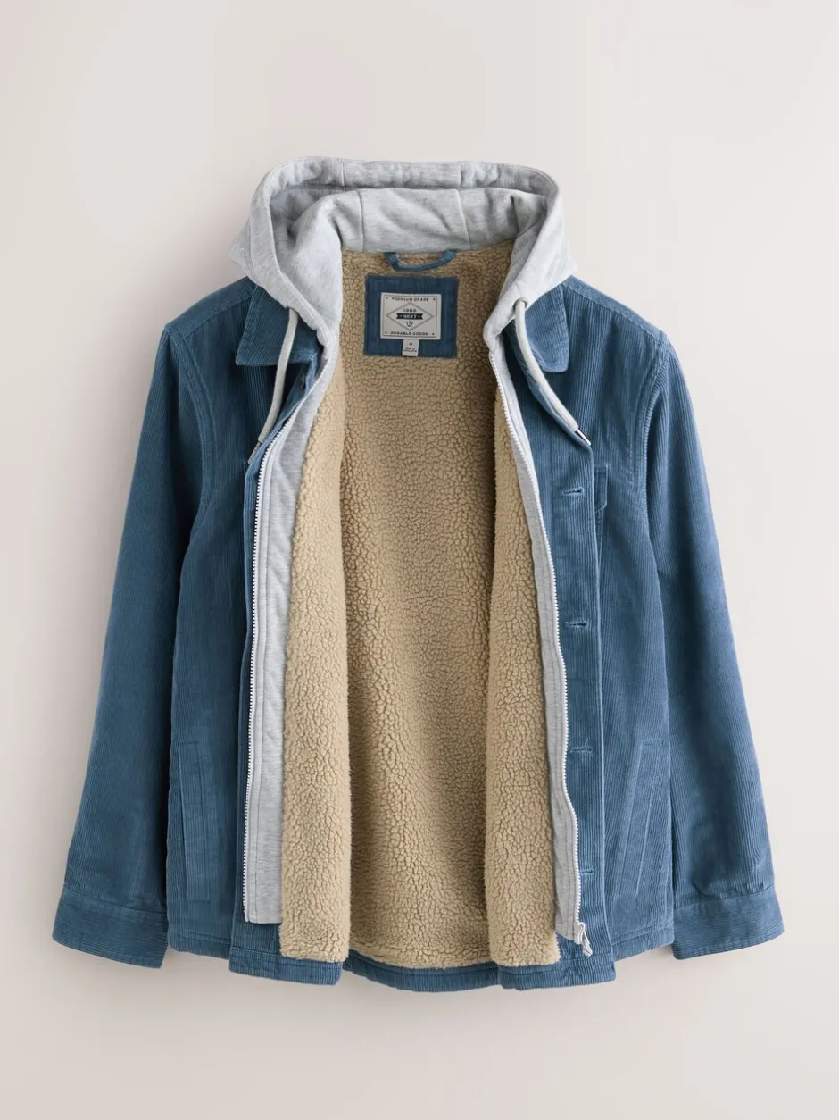 Jassen En Jacks|Next - Hooded Corduroy Borg Lined Shacket Blauw
