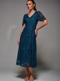 Jurken*Jolie Moi - Sequin Angel Sleeve Fit & Flare Midaxi Dress Blauw