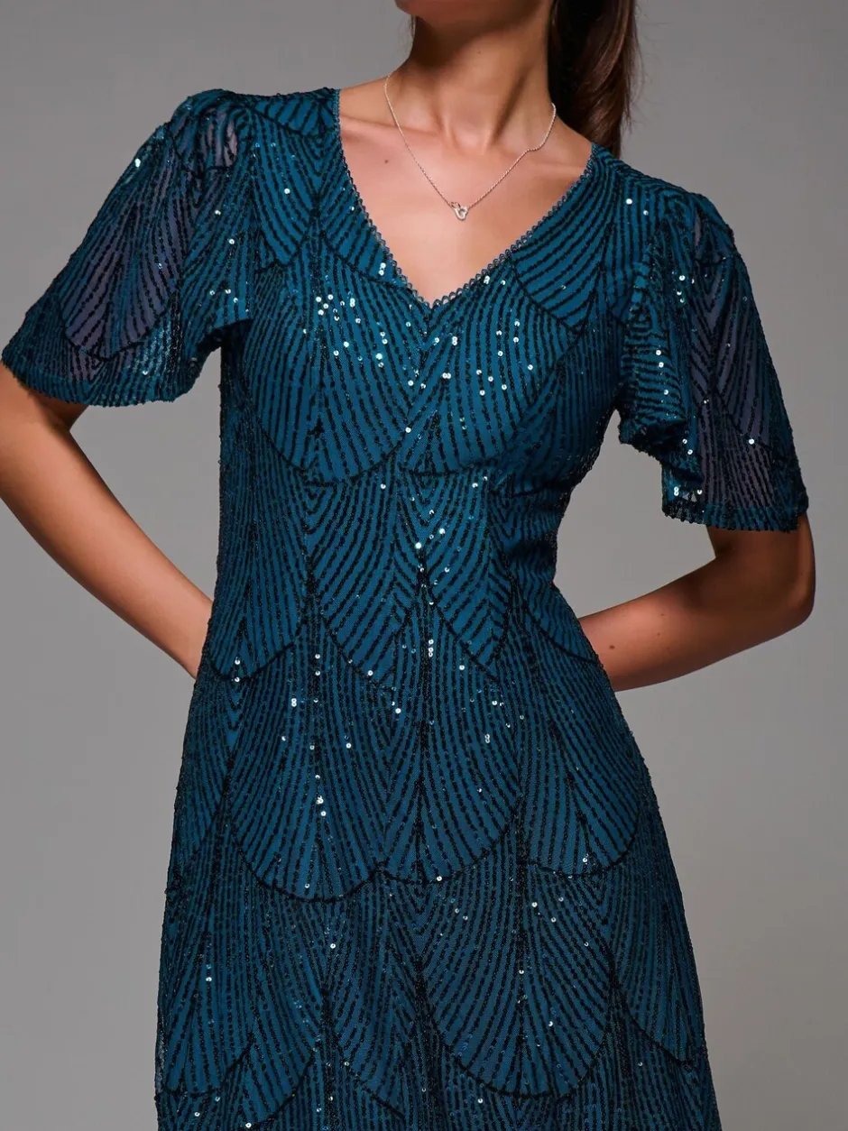 Jurken*Jolie Moi - Sequin Angel Sleeve Fit & Flare Midaxi Dress Blauw