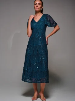 Jurken*Jolie Moi - Sequin Angel Sleeve Fit & Flare Midaxi Dress Blauw