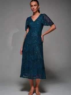 Jurken*Jolie Moi - Sequin Angel Sleeve Fit & Flare Midaxi Dress Blauw