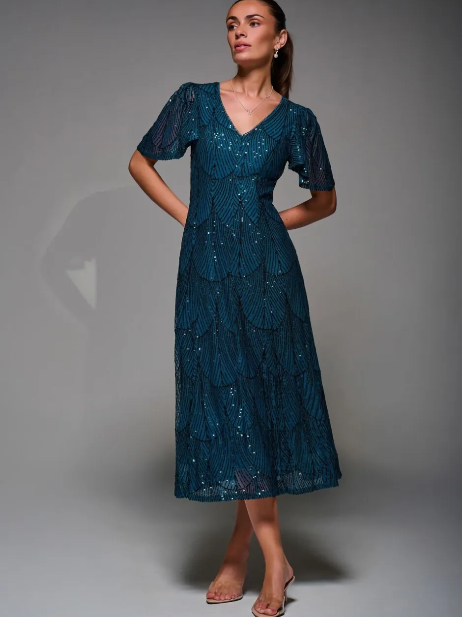 Jurken*Jolie Moi - Sequin Angel Sleeve Fit & Flare Midaxi Dress Blauw
