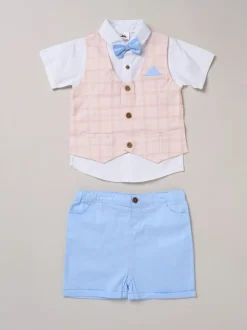 Kostuums En Herenvesten*Little Gent - 100% Cotton Shirt with Mock Waistcoat Shorts and Bowtie Outfit Set Blauw