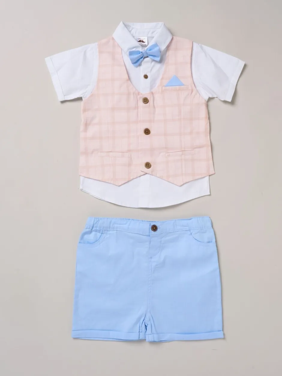 Kostuums En Herenvesten*Little Gent - 100% Cotton Shirt with Mock Waistcoat Shorts and Bowtie Outfit Set Blauw