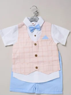 Kostuums En Herenvesten*Little Gent - 100% Cotton Shirt with Mock Waistcoat Shorts and Bowtie Outfit Set Blauw