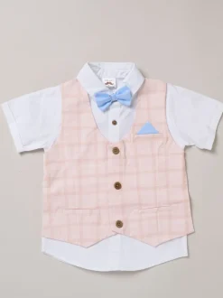 Kostuums En Herenvesten*Little Gent - 100% Cotton Shirt with Mock Waistcoat Shorts and Bowtie Outfit Set Blauw