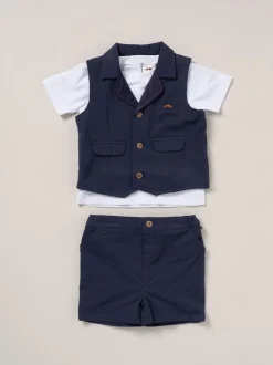 Kostuums En Herenvesten|Little Gent - 100% Cotton Shirt, Waistcoat & Shorts Set Blauw