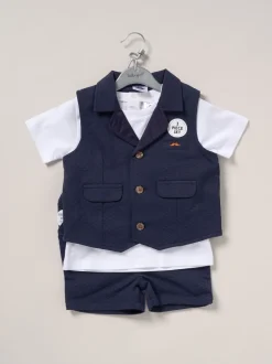 Kostuums En Herenvesten|Little Gent - 100% Cotton Shirt, Waistcoat & Shorts Set Blauw