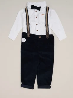 Shirts|Little Gent Blauw - Corduroy Bow Tie Mock Shirt and Trousers With Braces Outfit Set