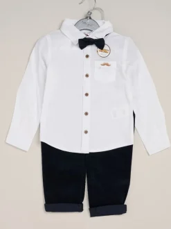Shirts|Little Gent Blauw - Corduroy Bow Tie Mock Shirt and Trousers With Braces Outfit Set