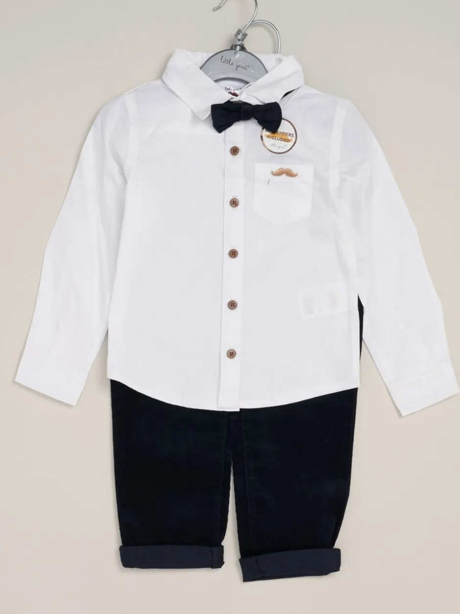 Shirts|Little Gent Blauw - Corduroy Bow Tie Mock Shirt and Trousers With Braces Outfit Set