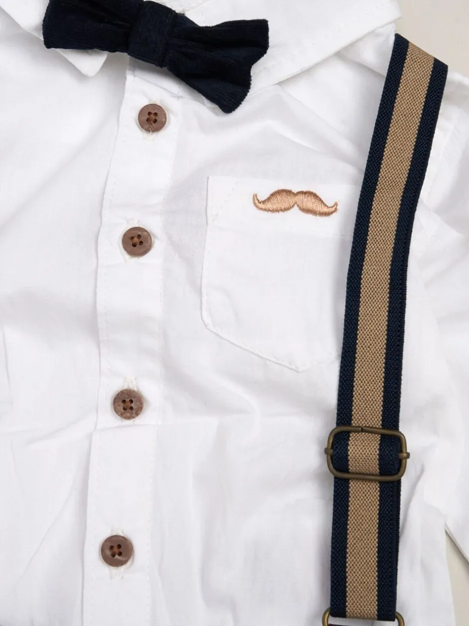 Shirts|Little Gent Blauw - Corduroy Bow Tie Mock Shirt and Trousers With Braces Outfit Set