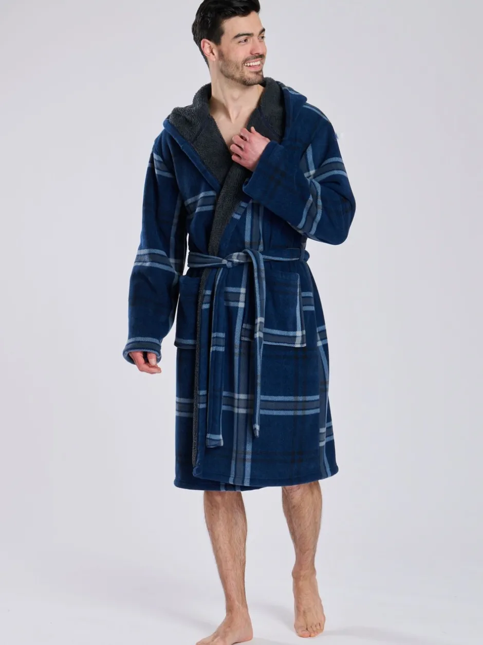 Kamerjassen En Badjassen|Loungeable - Ruit bonded fleece gevoerde kamerjas met capuchon Blauw